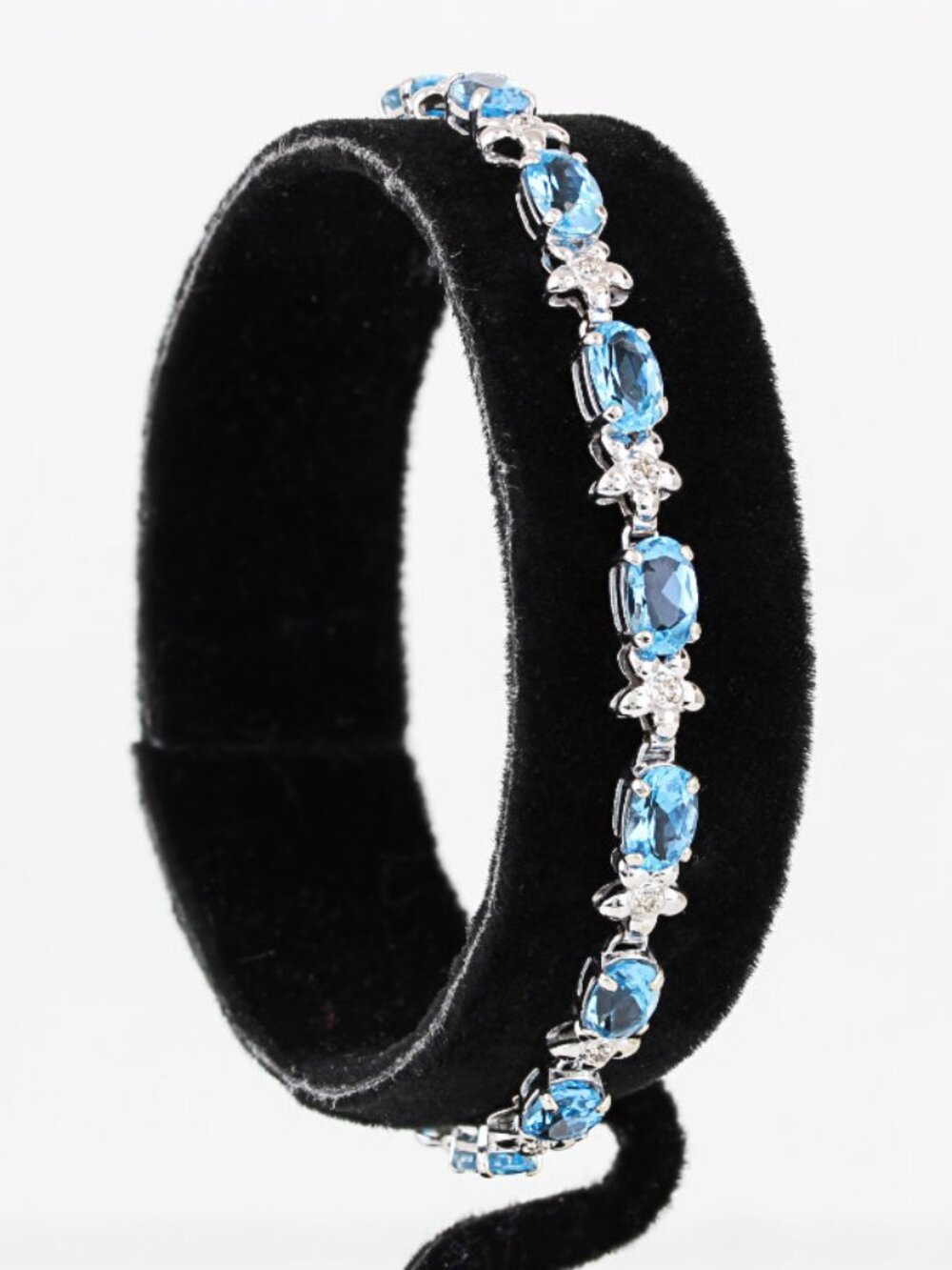 14K White Gold Oval Swiss Blue Topaz Diamond Tennis Bracelet Fine Jewelry Gift